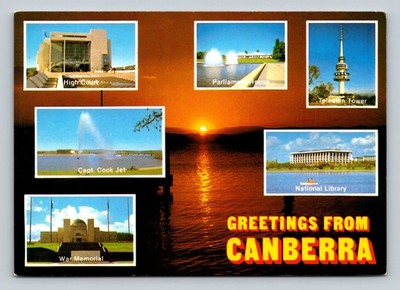 Vintage Greetings From Canberra Postcard Featuring Iconic Landmarks