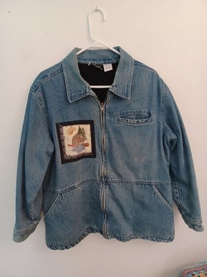 Cottage Core Lined Denim Jacket by Studio West Sz Large with 3D Cottage Applique