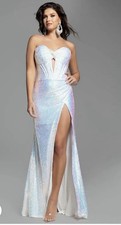 NWT Jovani Style 42514A White Sequin High Slit Gown, Size 8