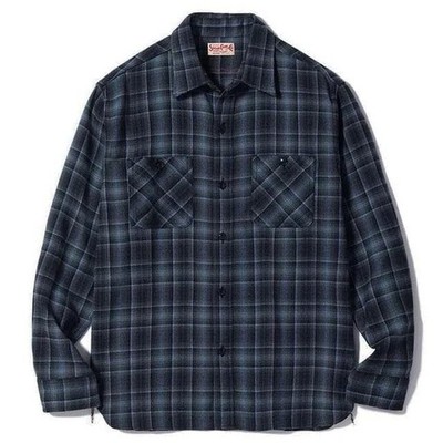 SUGAR CANE Twill Check Work Shirt Size: L Black/Blue Heavy Flannel near mint