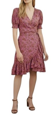 Boden Sz 4 US Womens Pink Paisley Ruffle Wrap Dress Boho Cottagecore Prairie 