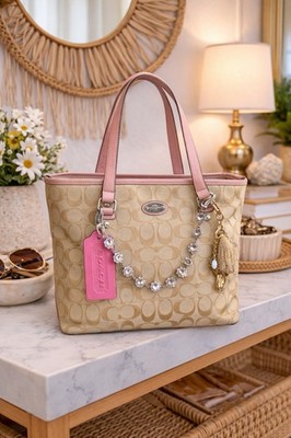 Vintage Coach Zip Top Tote Signature Leather Canvas Pink Cream Y2K 2000 s Bag