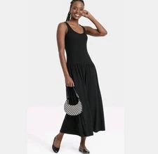 Universal Thread Women's Ribbed Drop Waist Stretch Knit Midi Dress Black XL