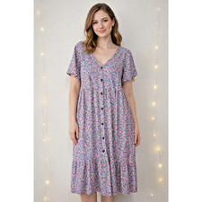 J. JILL Cotton Blend Button Front Ruffle Short Sleeve Knee-Length Dress L Floral