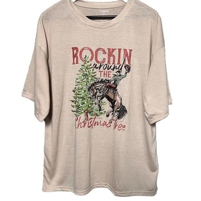 SHEIN Rocking Around The Christmas Tree Short Sleeve T-Shirt Beige Multi XL NEW