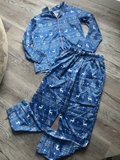 Kids Blue Reindeer Holiday Pajama Set with Button-Front Top 10/12