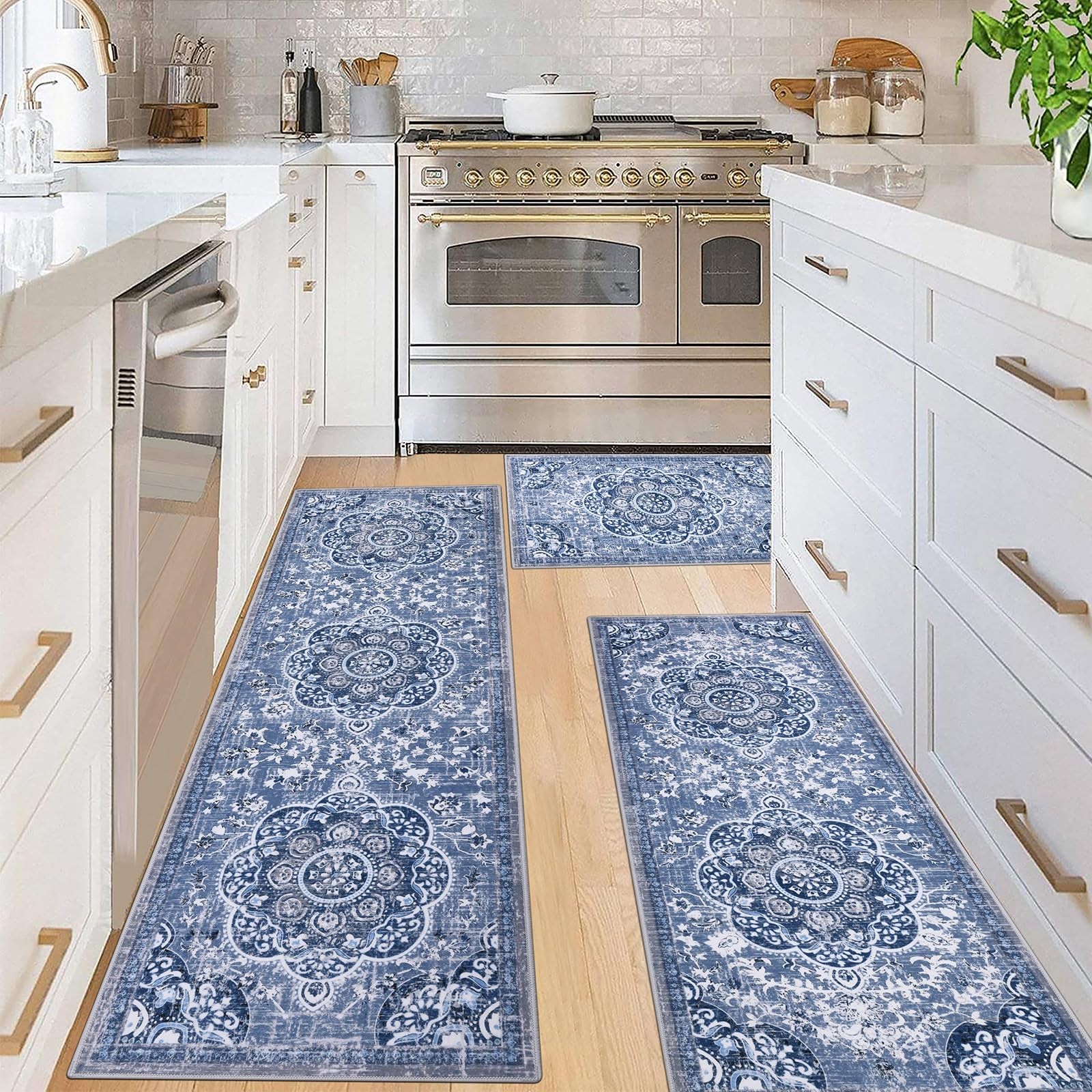 Boho 3-Piece Kitchen Rug Set with Floral Runner and Non-Slip Mats