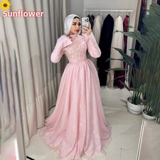 Luxury Pink Mermaid Prom Dress High Neck Long Sleeves Lace Sequins Evening Gowns