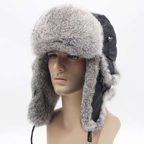 Real Rabbit Fur Ushanka Trapper Hat Earflap Ski Cap Russian Hunter Winter Warm - Picture 17 of 18