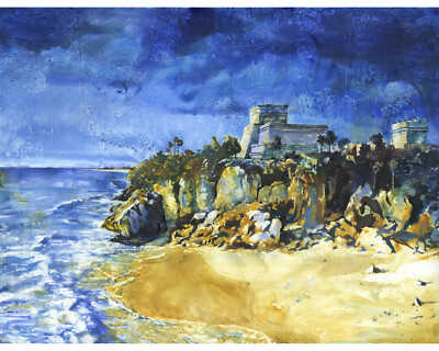 Mayan ruins at beach of Tulum in Mexico. Watercolor painting Mayan ruins (print)