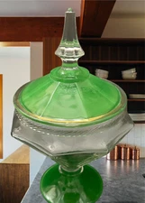 Lancaster 1920's Glass Art Deco Green Pedestal Octagonal Covered Candy Dish VTG