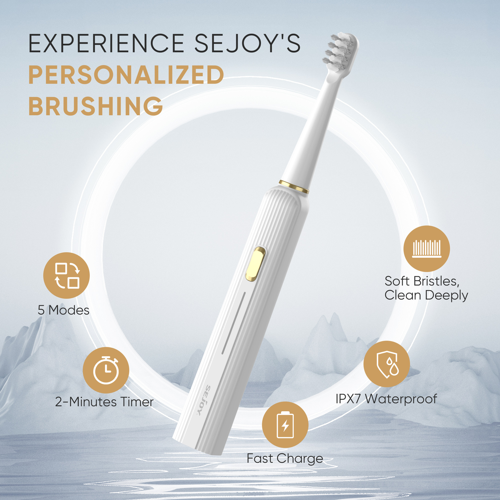 SEJOY Power Electric Toothbrush Sonic Rechargeable 12 Brush Heads 5 Modes Timer