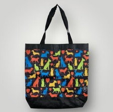 Dogs Cats Animals Nylon Fabric Tote Bag Handbag Black Multicolor 16" X 16" 