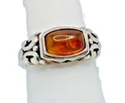 Vtg. .925 Sterling Silver Natural Baltic Honey Amber Cabochon Fleur-de-lis Ring