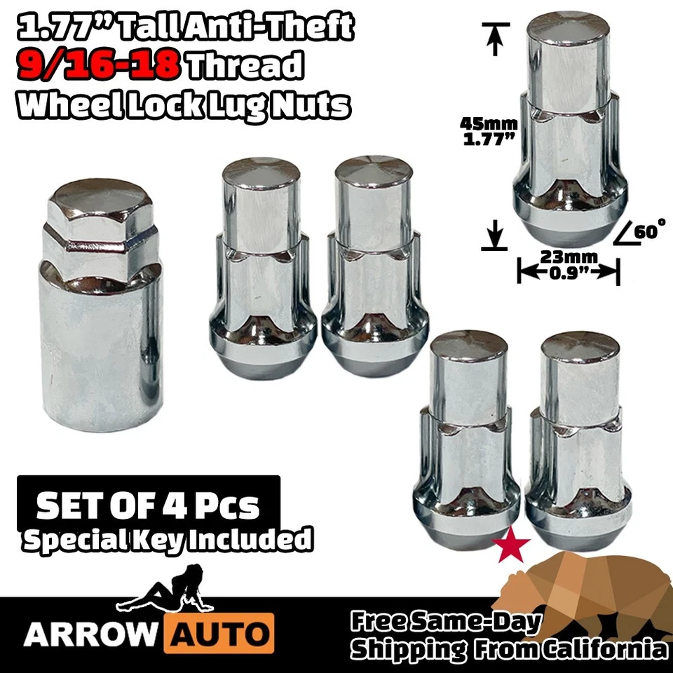 4x 1.77" Chrome 9/16-18 Anti-Theft Wheel Lock Nut & Key Fit Ford F-250 F-350 - Image 2 of 4
