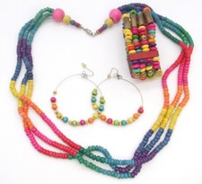 Multi-color Multi-strand Wood Disc Bead Necklace/Stretch Bracelet/Hoop Earrings