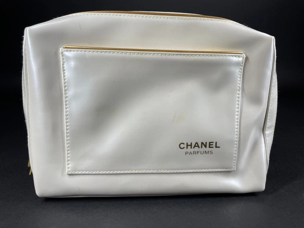 Vintage Chanel Parfums Pearly White Zippered Cosmetic Makeup Bag 7x9.5x2.25