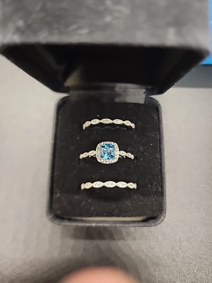 London Blue Topaz Cushion Rhodium/925 Halo Ring & 2 Accented Bands Set 1.70ctw - Image 2 of 4