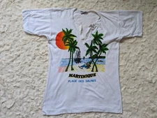 Single Stitch White Henley Martinique Palm Tree Beach Island Graphic