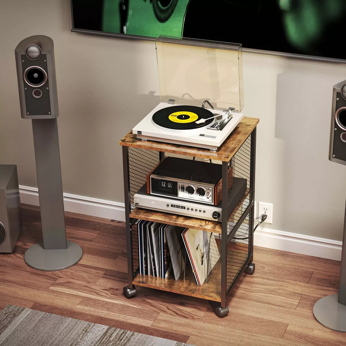 Mobile Vinyl Record Player Table Album Turntable Stand Storage Shelf w USB Ports