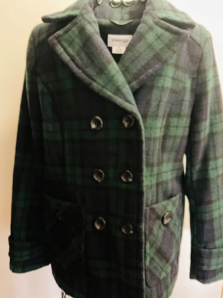 Abrigo St. John’s Bay verde/azul marino a cuadros doble botonadura lana guisante talla S Foto 4 de 4