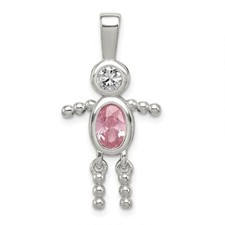 Sterling Silver Rhodium-plated CZ and Birthstone Pink October Glass Boy Pendant