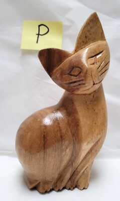 Hand-Carved Wooden Cat Statue Figure Figurine - About 7 inches Tall - Lot P
