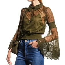 Moss Green Bell-Sleeve Crochet Collared Top Boho Fairy Grunge Witchy Ethereal 