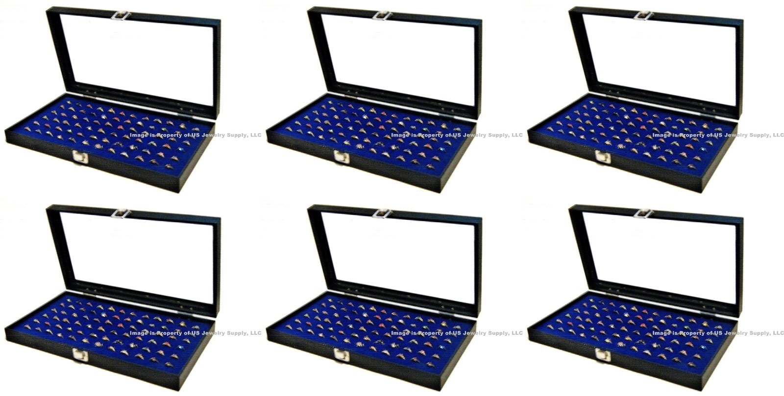 Wholesale Lot of 6 Glass Top Lid 72 Ring Blue Jewelry Display Box Storage Cases