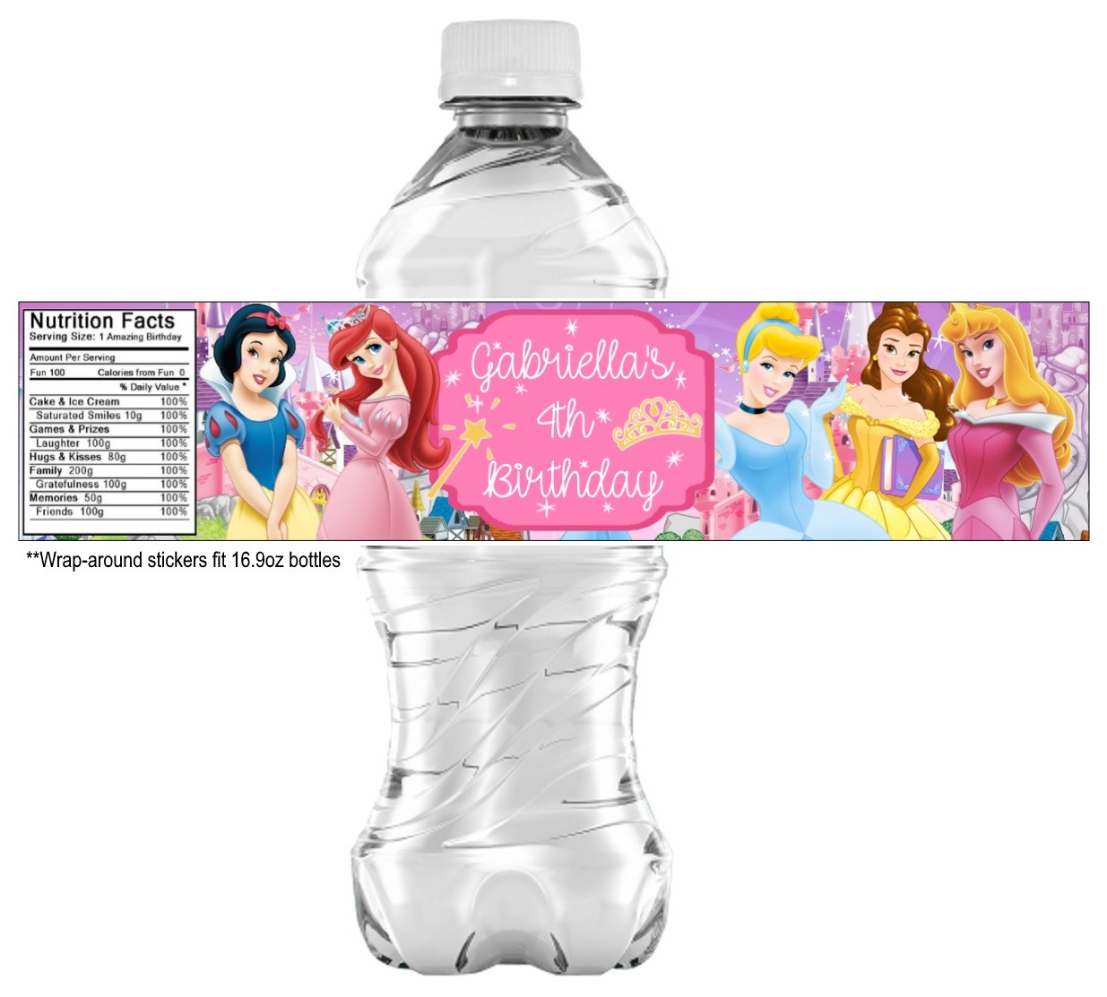 Disney Princess Birthday Party water bottle Wrapper 30 Stickers