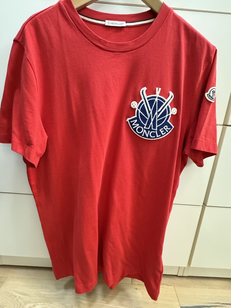 Large-MONCLER Logo Short Sleeves T-shirt Top 100% Cotton Red