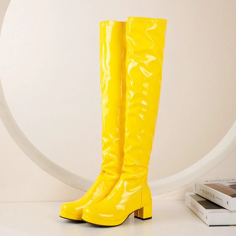 Women's Over the Knee Boots Zipper Square Heel Patent Leather Shoes - Image 4 of 4