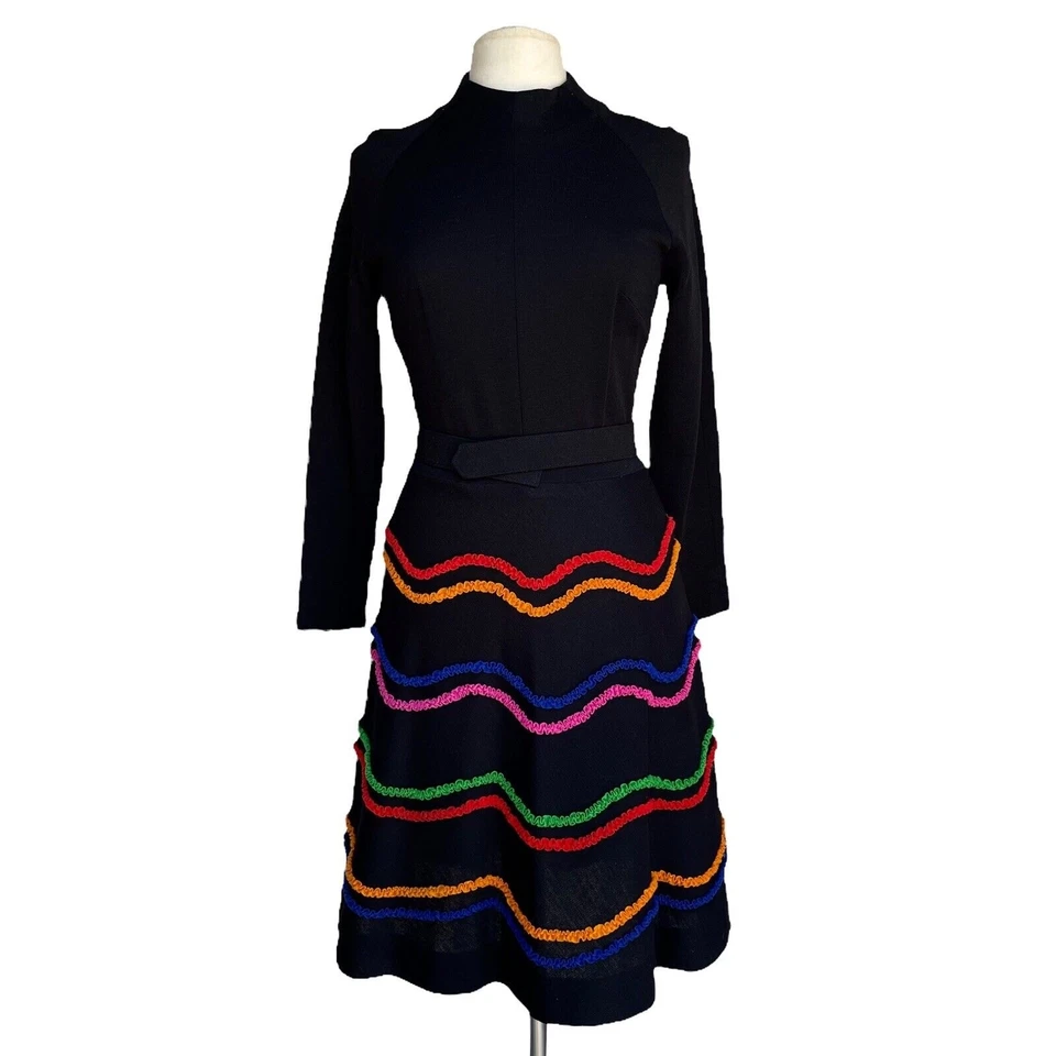 Vintage Dress RUTH NORMAN X GAY GIBSON Size S/M Black Wave Stripes Belted - Image 2 of 4