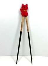 Wood chopsticks, Shanghai Pearl Tower, with removable red Lucky Cat trainer