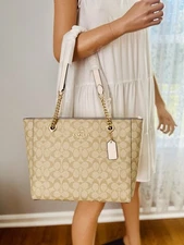 NWT Coach Signature Marlie Tote Chain Shoulder Bag Purse Light Khaki Chalk