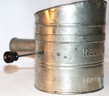Vtg Reliance Metal Flour Sifter Unique Tube Handle Black Wood Knob Pat 11/4/04