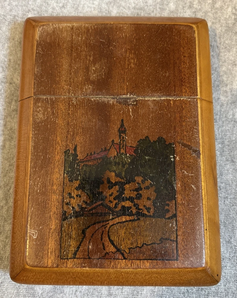 Antike D.R.G.M.  Holz-Zigarren-Box um 1930, handbemalt, Vintage