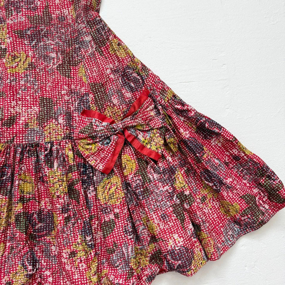 Vintage 50s Handmade Floral Fit & Flare Dress Bow Front, Size XXS - Image 2 of 4