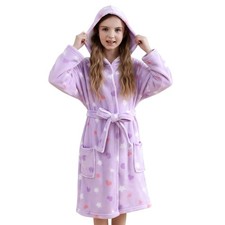 Girls Fleece Hooded Robe, Kids Soft Plush Warm Printed Bathrobe Sleepwear Gif...