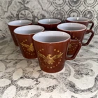 Set of 6 Vintage Pyrex Federal Eagle Coffee Cups Gold Metallic On Brown 1967