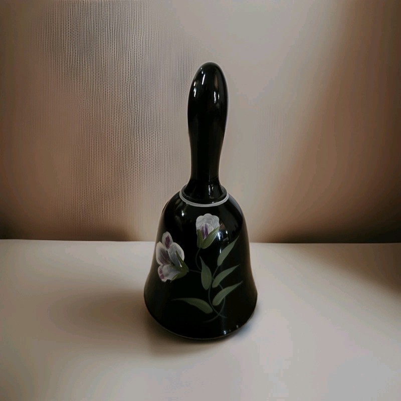 Fenton Hand-painted Black Glass Floral Bell. Signed Rare Piece Beautiful