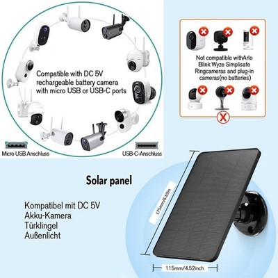 USB + Typ-C Solarpanel für Überwachungskamera Wetterfest Outdoor Kamera Akku 5V
