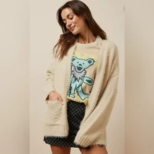 American Eagle Whoa So Cozy Fuzzy Beige Oversized Cardigan Medium Fall Sweater