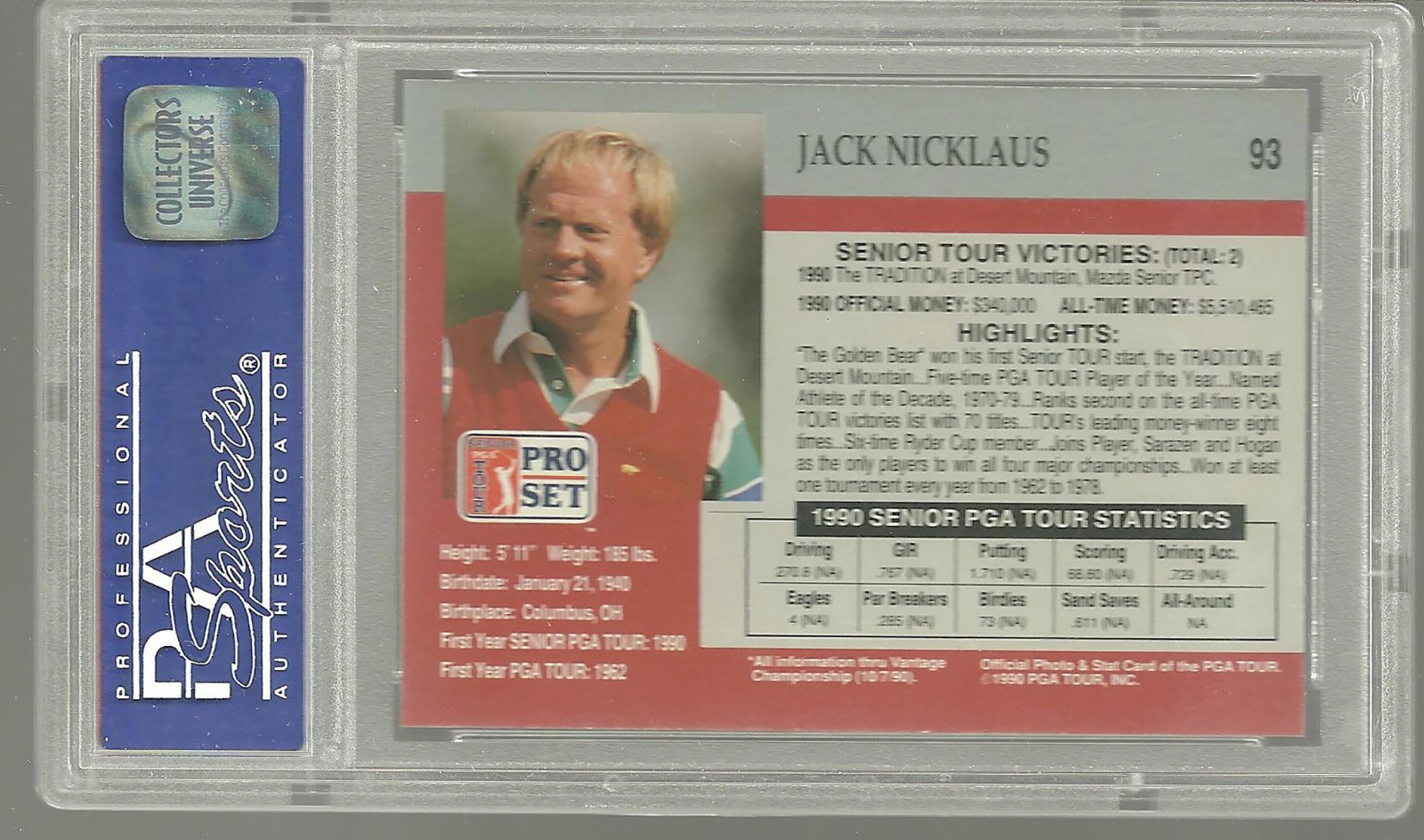 Jack Nicklaus 1990 Pro Set #93 PSA 9  MINT Golf Card HOF view 2