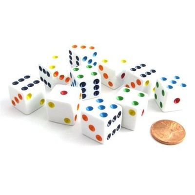 Set of 10 Six Sided D6 16mm Standard Dice White with Multi-Color Pips