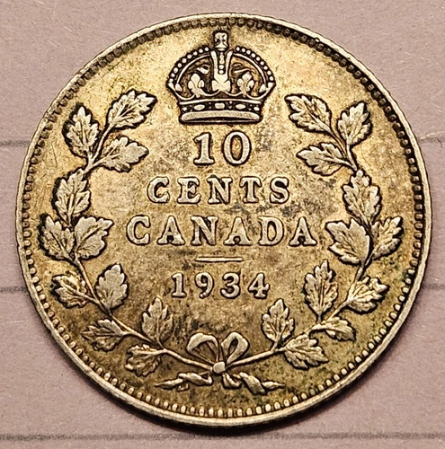 1934 Canada Ten Cents Silver Coin Dime KM# 23a Better Date Almoat Unc AU 10c