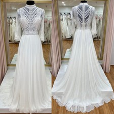 Chiffon Wedding Dresses Long Sleeves High Neck A-Line Lace Applique Bridal Gowns