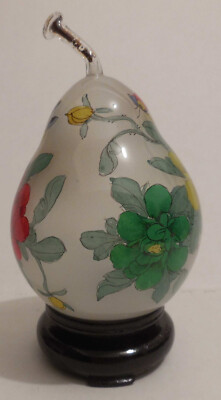Hand Painted Blown Glass Pear Shaped Object with Base and Protective Case