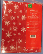 Home Place Vinyl Flannel Back Tablecloth 52" x 90" Red with snowflakes NEW