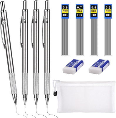 Druckbleistift 0,3/0,5/0,7/0.9 mm, 4 Tuben (48 Stück) Bleistiftmine HB Mienenble